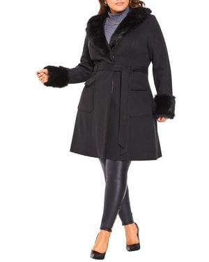 City Chic Blushing Belle Twill Coat With Faux Fur Collar - Black