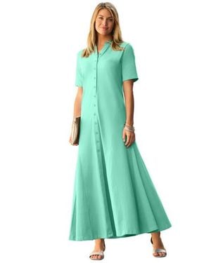Jessica London Stretch Cotton Button Front Maxi Dress - Green