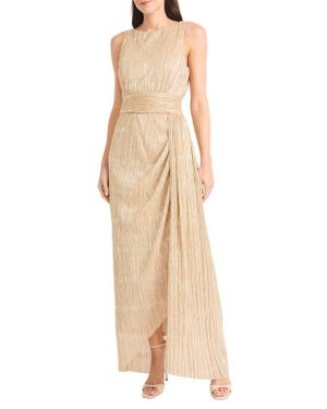 Maggy London Textured Metallic Side Ruched Gown - Natural