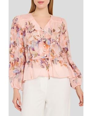 Tahari Floral Print Peplum Chiffon Top - Pink