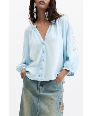 Desigual Embroidered Sleeve Top - Blue