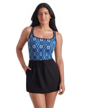 ShapeSolver Sport Skirted Runaround Chlorine Resistant One-Piece Swimsuit - Blue