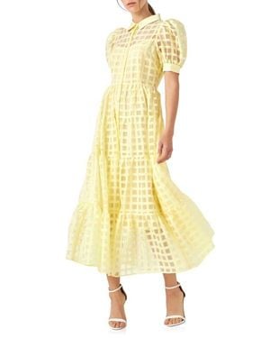 English Factory Grid Pattern Tiered Midi Shirtdress - Yellow
