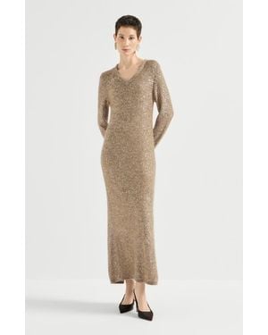 Brunello Cucinelli Mohair And Wool Dazzling Texture Knit Dress With Monili - Natural