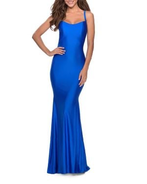 La Femme Form Fitting Prom Dress With Dramatic Lace Up Back - Blue