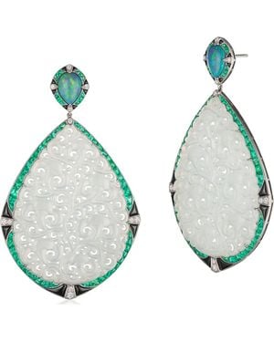 Fred Leighton Signed Carved Jade, Emerald & Diamond Drop Earrings - Blue