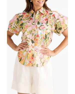 Brave+True Meadow Floral Puff Sleeve Button-Up Top - Multicolor