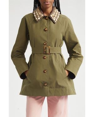 Veronica Beard Langham Waxed Belted Dickey Coat With Removable Collar - Green
