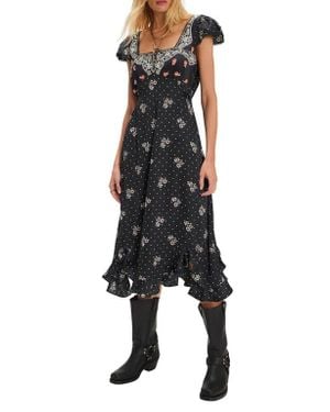 Free People Haven Embroidered Lace Trim Satin Midi Dress - Black