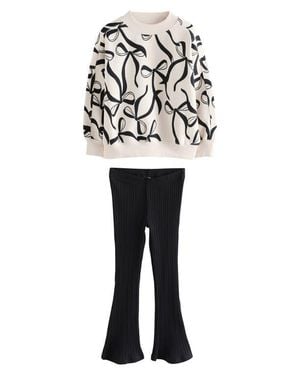 Next Kids' Bow Print Sweatshirt & Flare Leggings Set - White