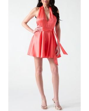 Marciano Karoline Open Back Satin Halter Romper - Red