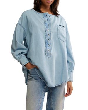 Free People Dreaming Ruffle Oversize Chambray Shirt - Blue