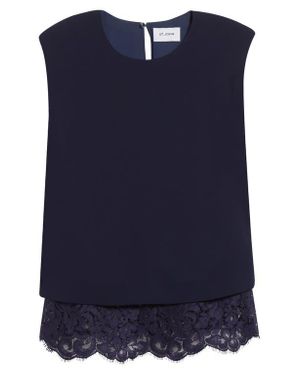St. John Lace Trim Satin Back Crepe Top - Blue