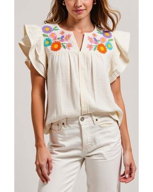 Modenaire Ruffle-Sleeve Button-Front Blouse With Floral Embroidery - White