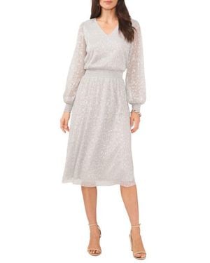 Chaus Plissé V-Neck Long Sleeve Midi Dress - White
