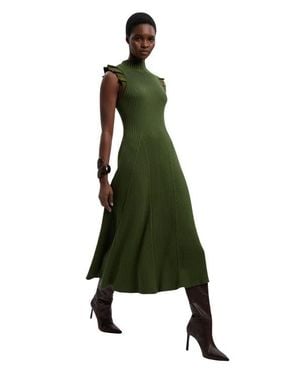 Karen Millen Pointelle Frill Sleeve Knit Midi Dress - Green