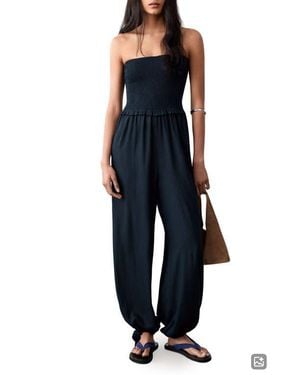 MANGO TEEN Smocked Strapless Jumpsuit - Blue
