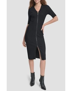 DKNY Ribbed Front Zip Sweater Dress - Black