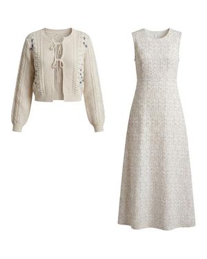 Nonie Eyelet Floral Lined Sweater Dress With Rib Trim Cardigan 2 Piece Set - White