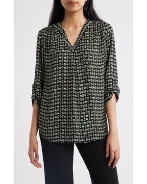 Anne Klein Geo Pattern V-Neck Top - Green