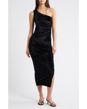 MARCELLA Kathleen Ruched One-Shoulder Velvet Midi Dress - Black