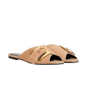 Balmain Flat Suede Leather Anthem Mules - Natural