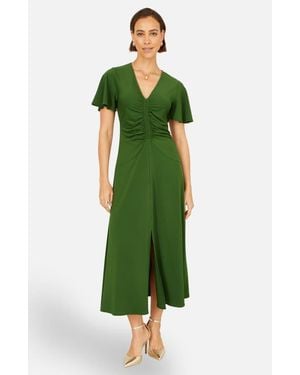 Yumi' Ruched Front Stretch Midi Dress - Green