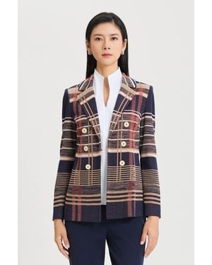 Ming Wang Faux Doubled Breast Plaid Knit Blazer - Blue