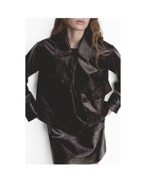 Mango Textured Faux Leather Jacket - Black