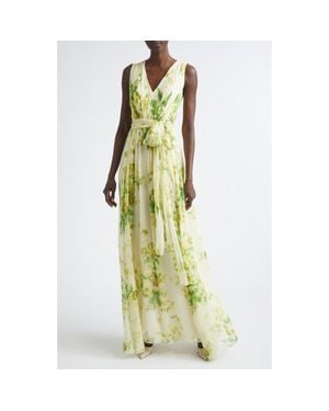Erdem Floral Print Belted Silk Creponne Gown - Metallic