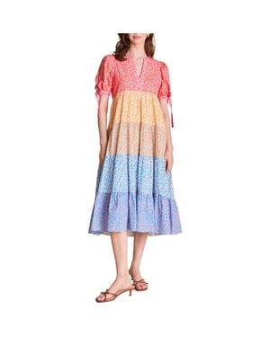 English Factory Floral Colorblock Tiered Cotton Midi Dress - Blue