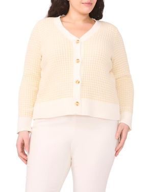 Halogen® V-Neck Stripe Rib Cotton Blend Cardigan - Natural