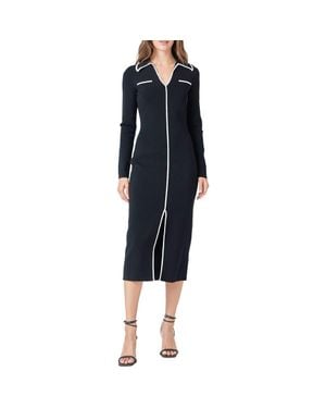 Endless Rose Contrast Trim Long Sleeve Knit Dress - Blue