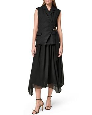 Donna Karan Mixed Media Belted Handkerchief Hem Midi Dress - Black