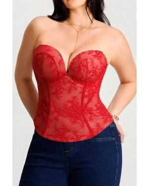 Popilush Underwire Snatched Push-Up Lace Flora Convertible Strap Corset Bustier - Red