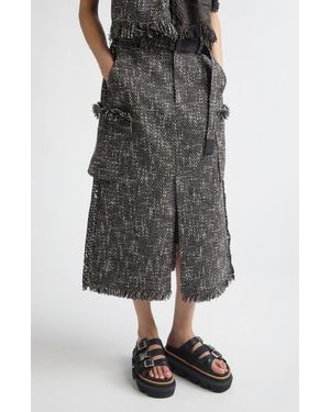 Sacai Mixed Media Fringe Tweed & Chiffon Skirt - Gray