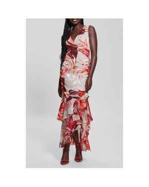 Guess Ava Ruched Ruffle Sleeveless Maxi Dress - Red