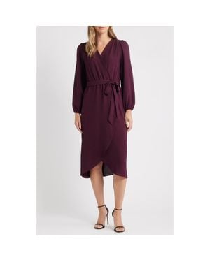 Connected Apparel Long Sleeve Faux Wrap Midi Dress - Purple