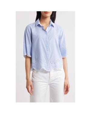 Beach Lunch Lounge Chloé Stripe Embroidered Eyelet Border Button-Up Shirt - Blue