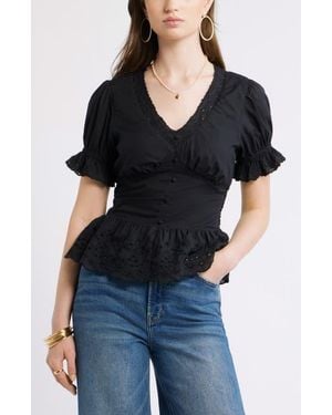 Treasure & Bond Cutwork Peplum Top - Blue