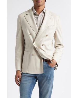 Eleventy Double Breasted Tan Knit Wool Blend Peak Lapel Sport Coat - Natural