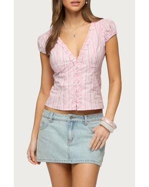 Edikted Georgia Ruffle Stripe Cotton Button-Up Shirt - Blue