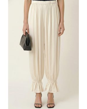 Modenaire Pleated Pull On Pants With Elastic Waist Ruffled Ankle Hem - Natural
