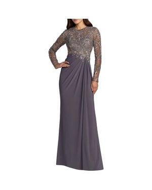 Mac Duggal Long Sleeve Jersey Beaded Embroidered Gown - Purple