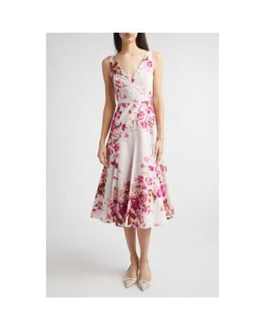 Erdem Floral Print Heavyweight Organic Cotton Poplin Fit & Flare Dress - Red