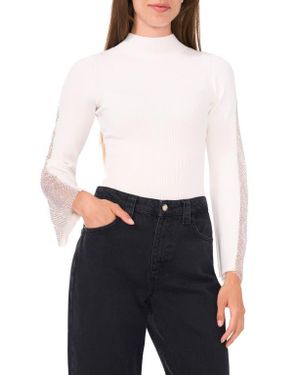 Vince Camuto Rhinestone Rib Mock Neck Knit Top - White