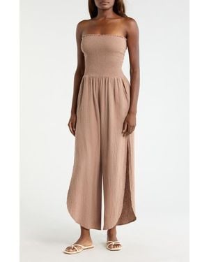 Elan Strapless Smocked Bodice Cotton Gauze Cover-Up Jumpsuit - Brown