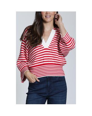 Apny Stripe Three-Quarter Sleeve Sweater - Red