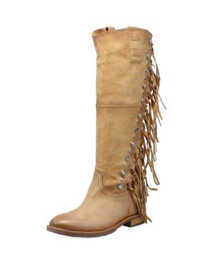 A.s.98 Ilke Studded Fringe Western Knee High Boot - Natural