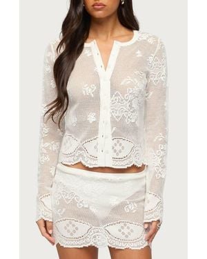 Edikted Rusa Sheer Open Stitch Button-Up Shirt - White